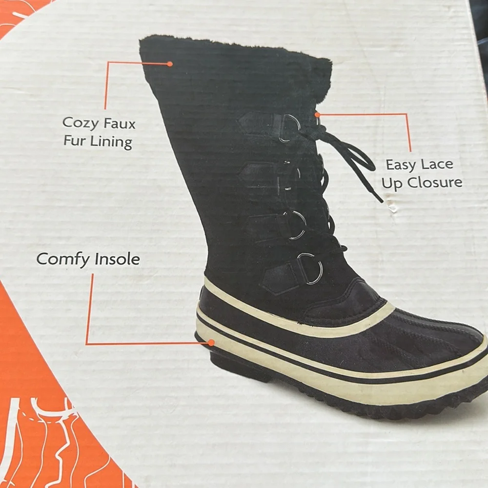 NIB NEW JBU Snowy Tall All Weather Boot, Black SZ-8 Faux Fur
